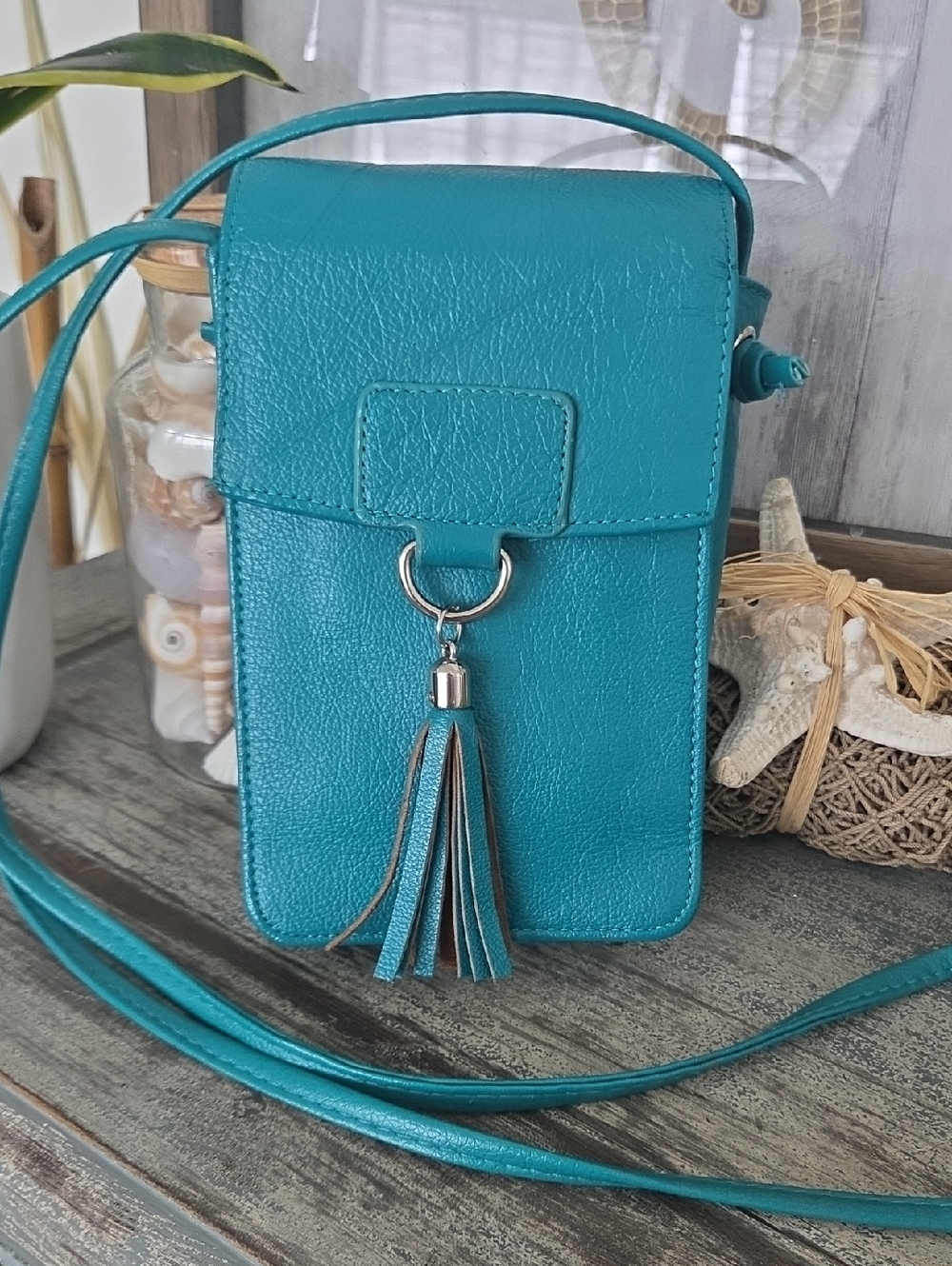 Handmade 100% Leather Turquoise Tassel Crossbody Purse